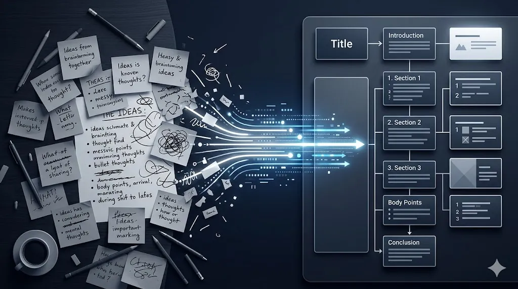Presentation outline prompt for turning rough notes into a clear deck faster